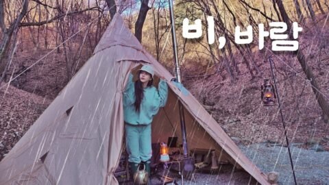 혼자 우중캠핑 갔다가 바람한테 혼나고 온 날 | 화목난로에 스테이크 굽기 | TP텐트 첫 개시 | 애견동반 | 비오는 날은 라면에 소주한잔 |