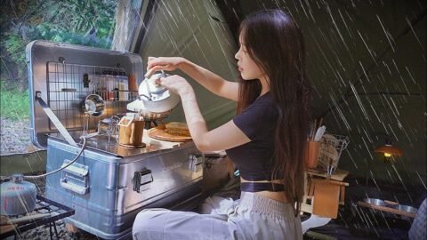 텐트치다 비 쫄딱 맞은 후 따끈한 국물떡볶이, 순대, 튀김 그리고 막걸리 (햄치즈토스트) | 뉴 텐트 에서 하룻밤 (크랩텐트) | 애견동반캠핑