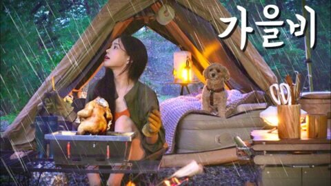 가을비 내리는 숲속에서 비어캔치킨에 시원한 맥주한잔 | 하루종일 내리는 비와 포근한 텐트 | 뜨끈한 김치돈까스나베 만들어먹기 |