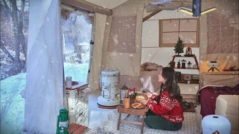 눈 내리는 숲속 🌨 굴그라탕에 와인한잔 크리스마스파티 | 루돌푸 케이크만들고 크림빠네파스타먹기 | 아늑한 에어텐트