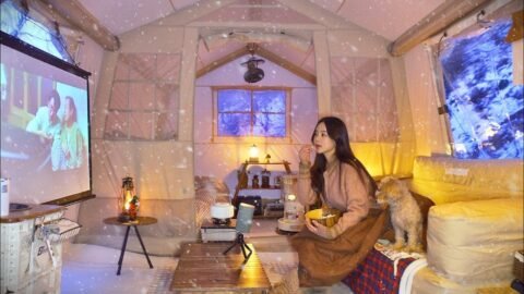 🌨폭설 내리는 숲속 오두막 같은 텐트 | 눈썰매 타고 굴보쌈에 밤막걸리 마시기 | 나만의 영화관 | 보들보들 수플레 팬케이크