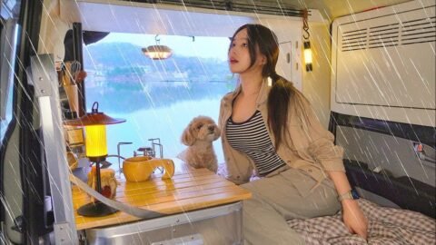 ☔️비내리는 저수지 앞 차에서 잘게요 🚐 | 해물파전에 막걸리 한잔 | 순두부 짬뽕 | 레이캠핑카 | 애견동반캠핑
