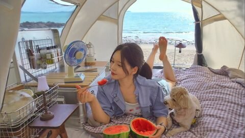 해변 앞 3초 원터치 텐트에서의 하룻밤 | 시원한 물냉면과 조개구이에 소주 | 과카몰리 샌드위치