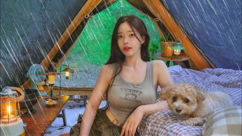 ☔️ 역대급 물폭탄 쏟아지는 숲속 작고 아늑한 텐트에서 통새우 대파전에 막푸치노 | 수박빙수와 매운 쪽갈비 찜 | 빗소리ASMR | 애견동반 캠핑