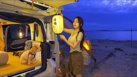 🌊푸른 해변 앞 아늑한 차에서의 하룻밤 | 레이자카야 오픈했어요 생선 꼬치 숯불 구이에 사케 | 구독자 100만 자축파티