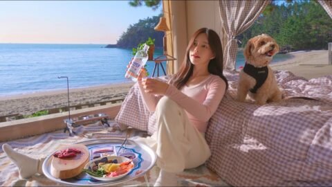 🌊바다가 코앞에 보이는 해변가에서 홈마카세와 소주 한잔 | 킹타이거새우와 토마호크 스테이크(호두과자) | 에어텐트