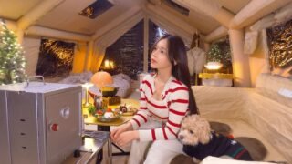 🥶한파속 꽁꽁얼어붙은 계곡 앞 강아지와 함께 몇개월간 머무를 대형 텐트치기 | 🎄크리스마스 요리 만들어먹기 | 로스트치킨에 와인 | 쿠디 파밀리아