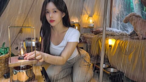 ☔️폭우 쏟아지는 비밀의 숲속 해리포터에 나올 것 같은 텐트에서 나홀로 우중캠핑| 볶음우동에 맥주마시고 새우통통전 만들어먹기 | 하루종일 쏟아지는 빗소리ASMR