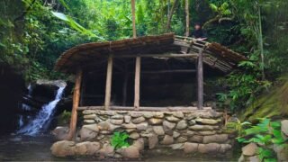 Using my carpentry skills, I built the wooden frame and roof. Build a house next to waterfall
