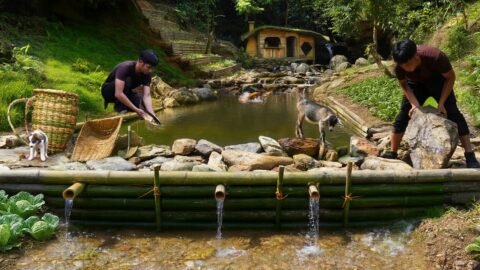 I Built a Bushcraft House by the Waterfall Without Nails | With a Pool, Fish Pond & Garden