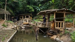Building a kitchen sink, bringing groundwater in for use. Fishing and cooking in the deep forest.