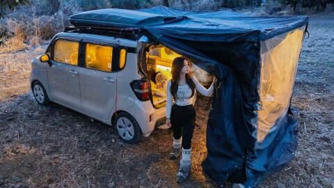 🚙 겨울 숲속 270도 회전 어닝텐트 치고 강아지와 함께 차박하기 | 수제 손칼국수 만들어먹기