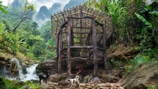 Thatching the Roof with Palm Leaves | Building a Bushcraft House by the Waterfall in the Forest