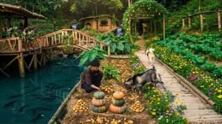Full Video: Harvesting Vegetables & Preparing to Build a 2-Story Bushcraft House by the Waterfall