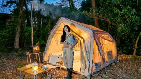 봄기운 가득한 숲에서 작은 에어텐트로 보낸 하룻밤 | 숯불 삼겹살과 하몽 샌드위치 | 애견동반 캠핑