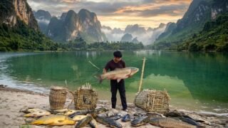 Catching Big River Fish with Bamboo Traps | Make Smoking Fish & Building Bushcraft House