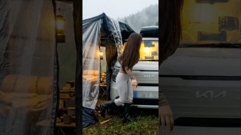 폭우속 경차에 어닝텐트치고 차박