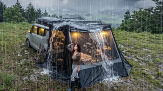 ☔️ 폭우 쏟아지는 날 경차에 270도 회전 어닝 텐트룸 짓고 차박하기 | 순대국밥과 감자전 만들어먹기