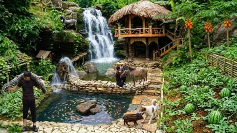 Full Video: 100 Days Building a Bushcraft House & Pool by the Waterfall | Facing Predators Off-Grid