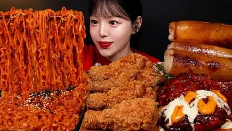 ไก่ทอดกรอบ น่องไก่จัมโบ้สไตล์จาไมก้า ไส้ใหญ่ทั้งเส้นกับมาม่าบูลดั๊ก มุกบัง ASMR